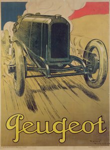 Poster pubblicitario di una Peugeot da corsa, c.1918